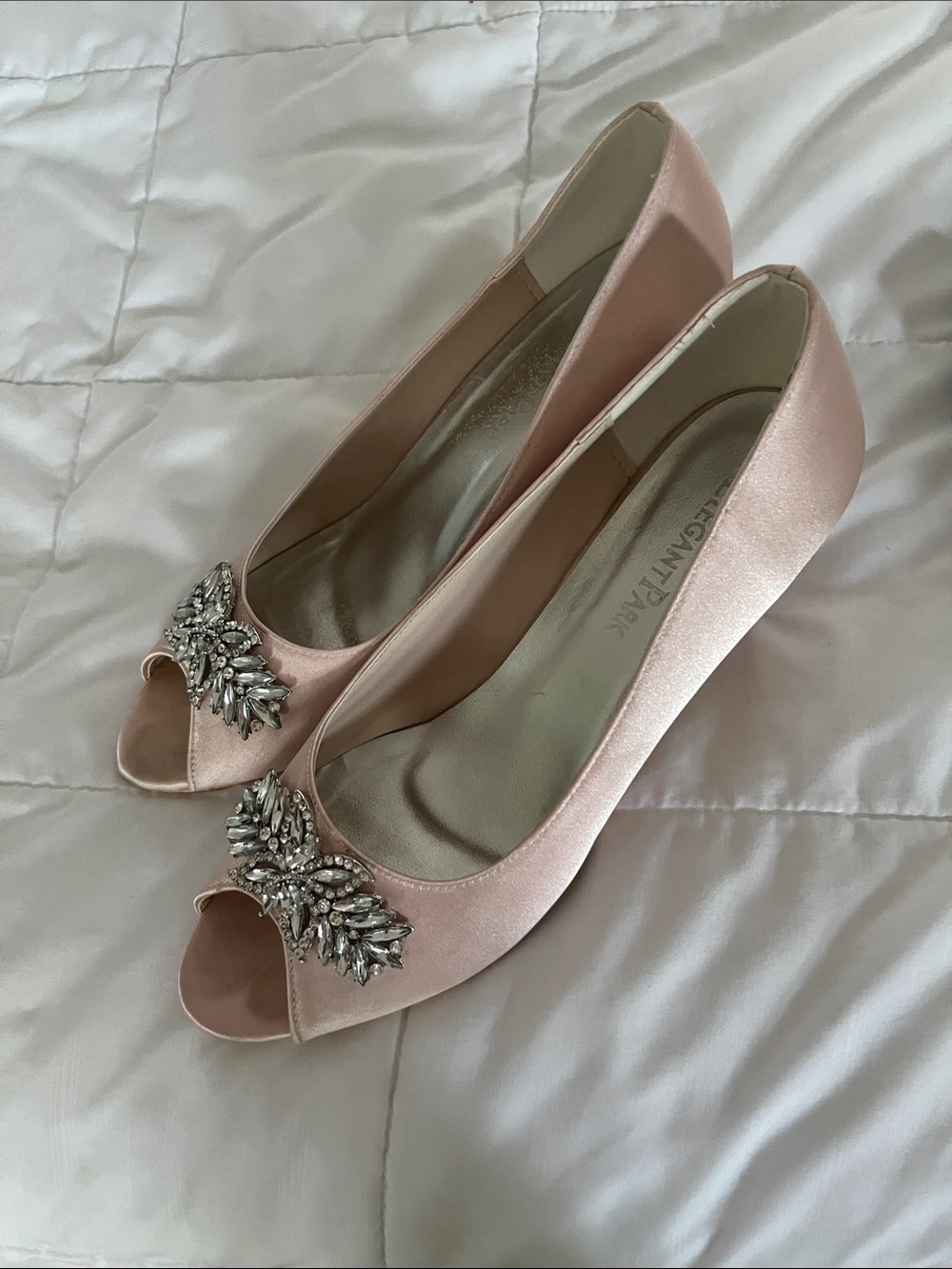 Blush Satin Peep-Toe Heels with Crystal Brooch